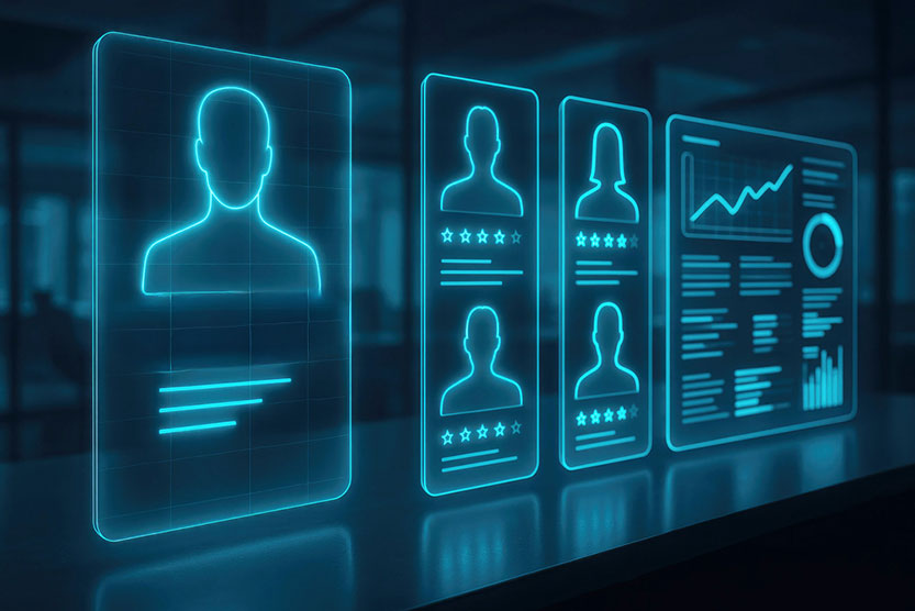 Image illustrant la digitalisation et l'introduction de l'IA dans les pratiques RH via des profils de candidats totalement numériques
