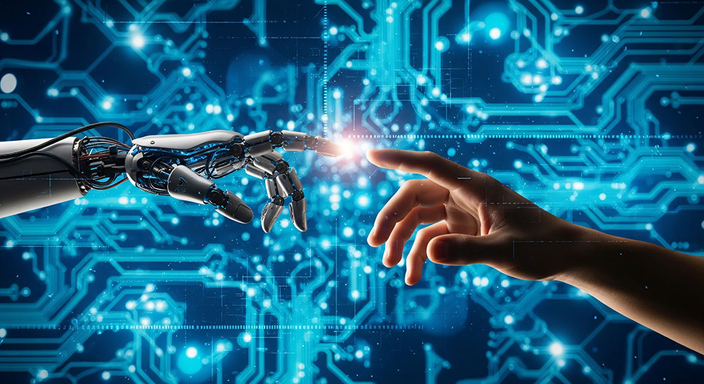 Image de deux mains (une humaine) l'autre d'un "robot humanoïde" représentant le numérique afin de symboliser la rencontre entre l'humain et le numérique