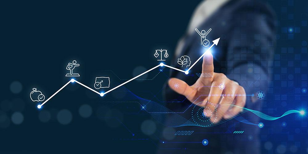 Image illustrant les corporate wellness apps avec des pictogrammes illustrant certaines habitudes de vie (sommeil, alimentation, sport).